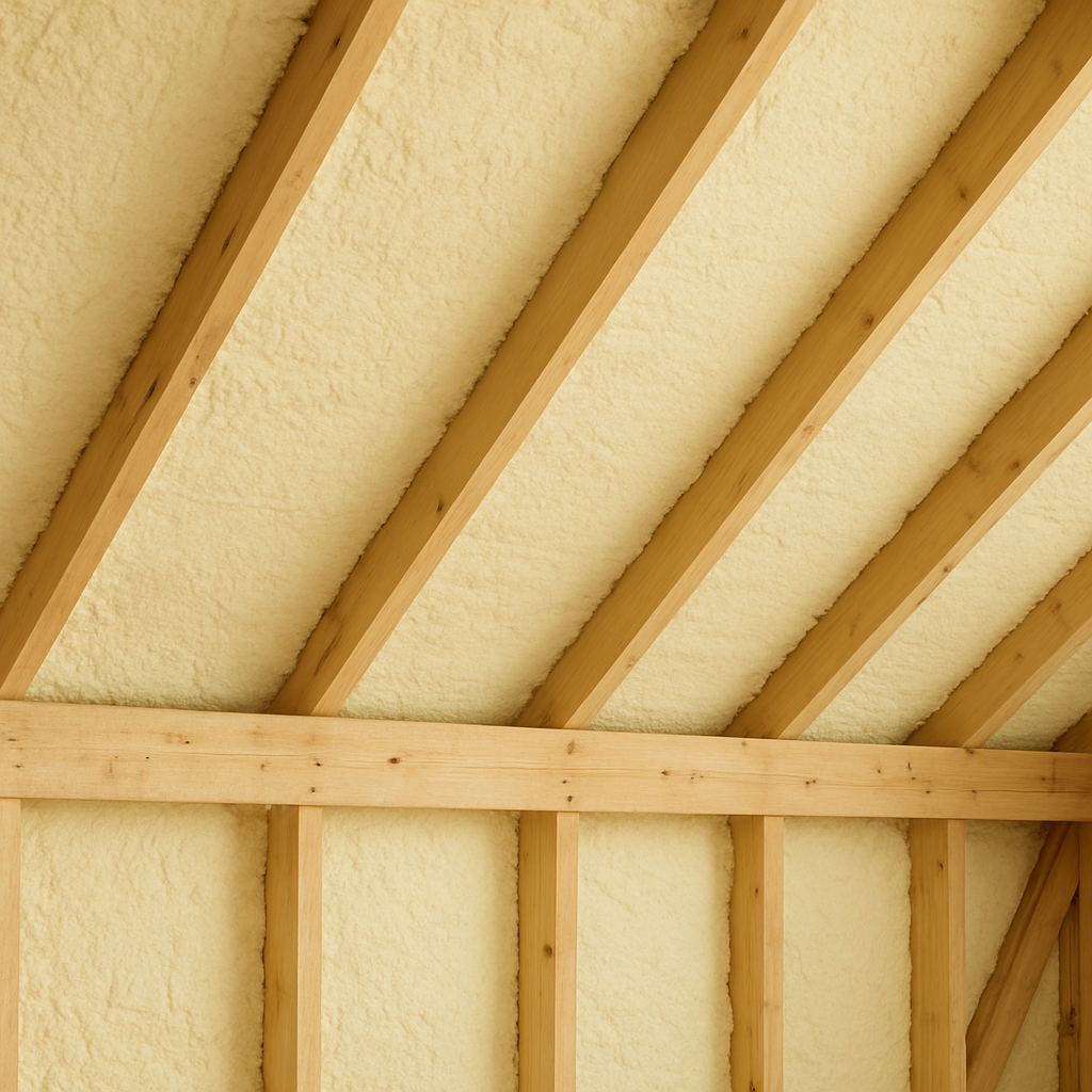 Open-cell spray foam applied between attic rafters up to the roof ridge