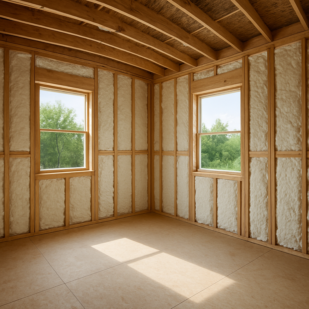 Wall stud cavities in an unfinished new build filled flush with spray foam insulation
