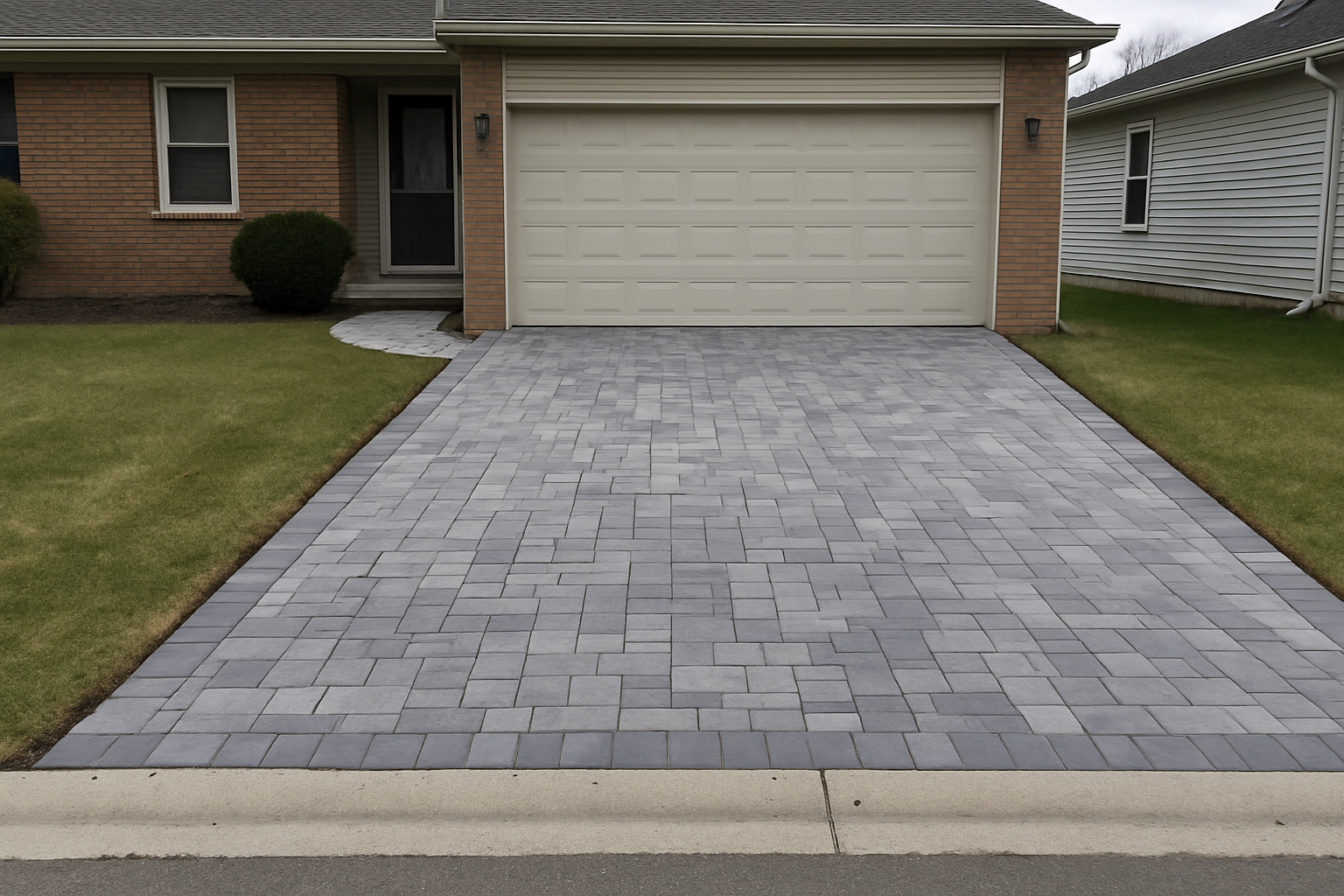 Paver driveway and matching front walkway at an ordinary two-car garage