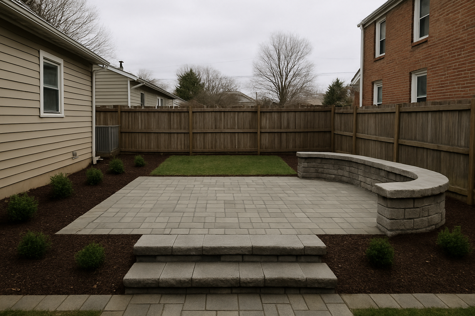 Full backyard renovation with paver patio, steps, low wall and planting beds