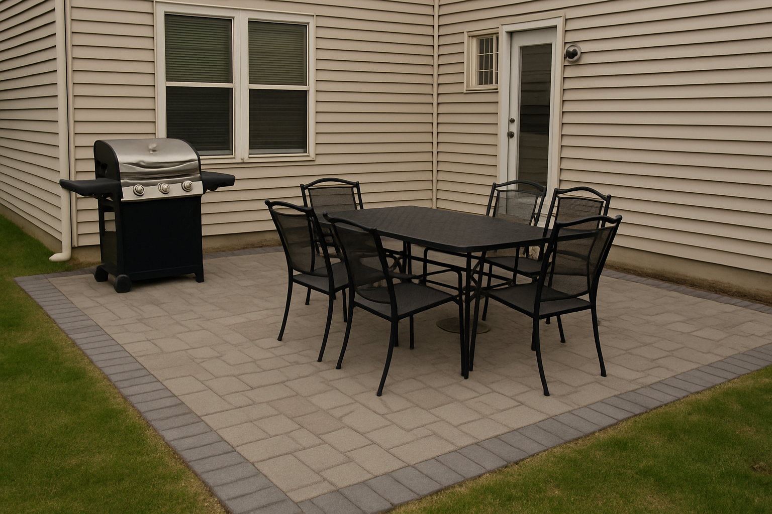 Rectangular paver patio with a grill and patio furniture behind a suburban house