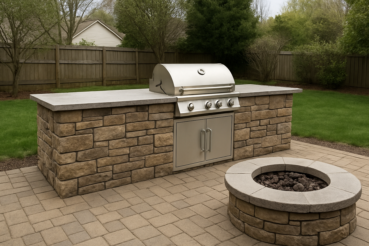 Outdoor kitchen island with built-in grill and a stone fire pit on a backyard patio