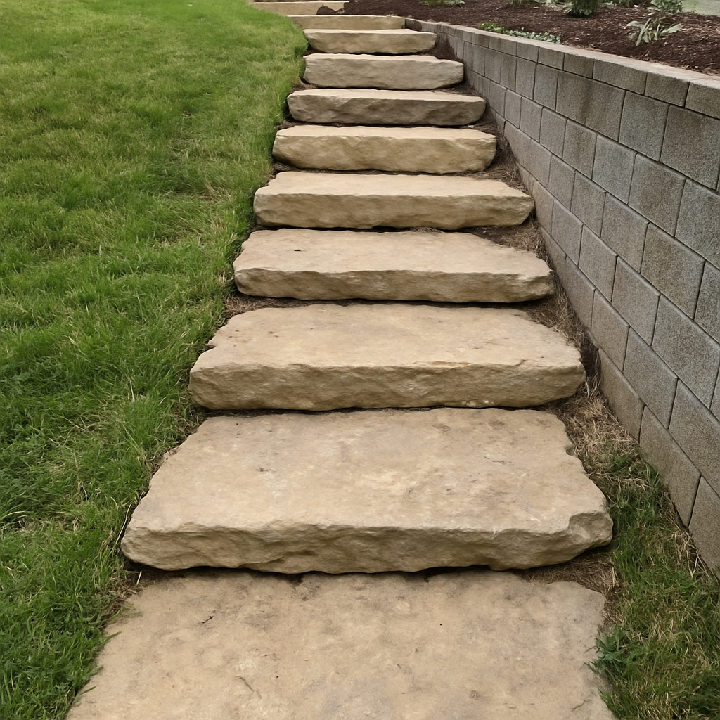 Stone steps and a low block wall leading up a sloped back yard