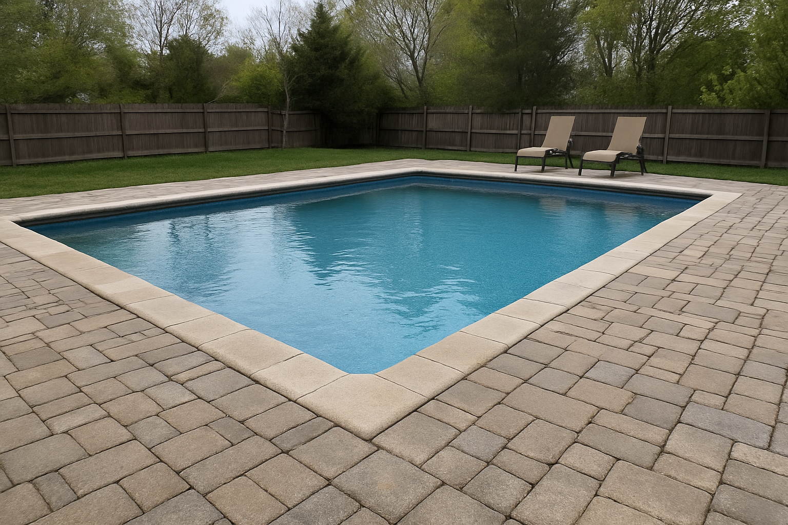 Paver pool deck surrounding a backyard in-ground swimming pool