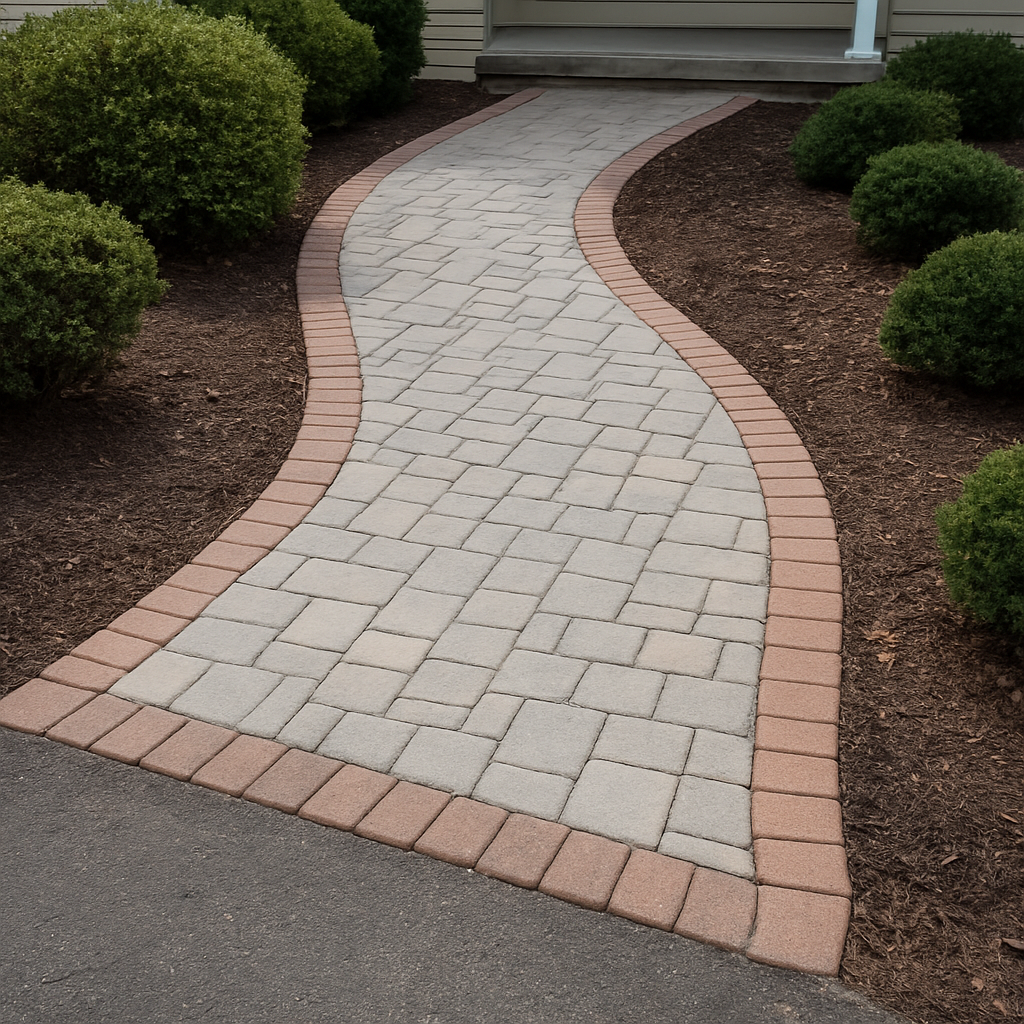 Curved paver walkway with a brick border leading to a front porch