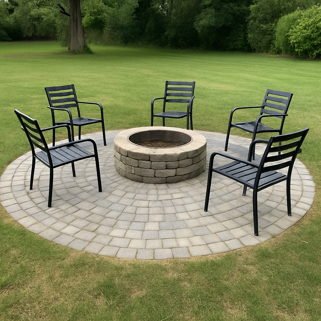 Circular paver seating area with a round stone fire pit and chairs on a lawn