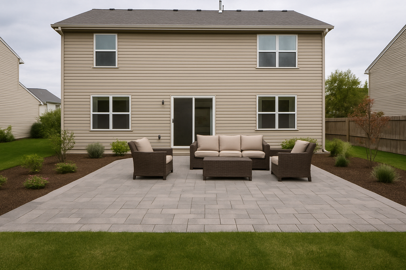 Finished backyard with a paver patio, seating area and planting beds behind an ordinary two-story home