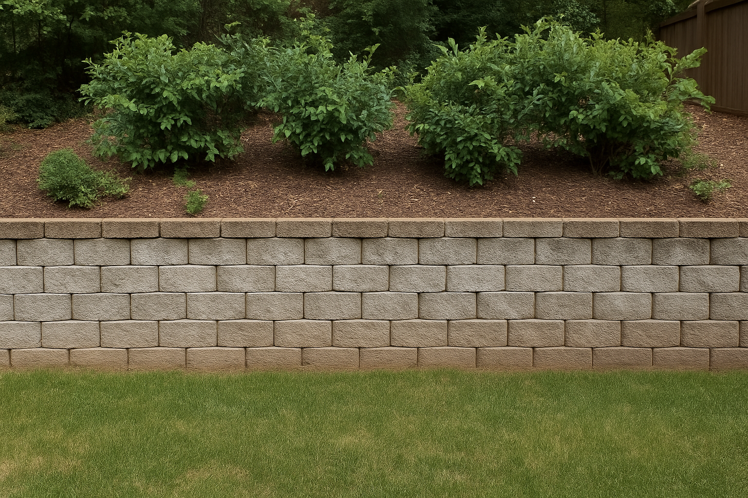 Block retaining wall holding back a sloped section of a residential back yard