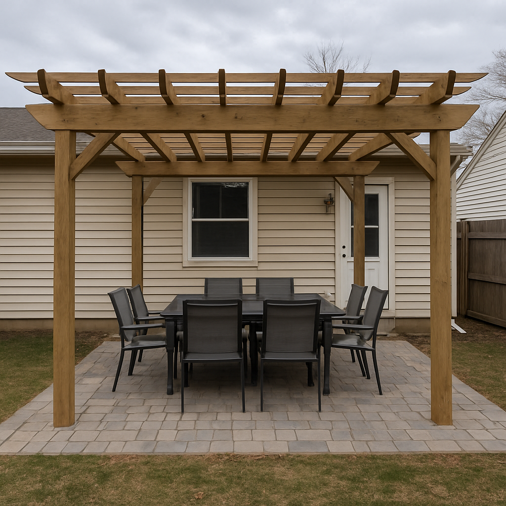 Paver patio with a wood pergola and outdoor dining table beside a house